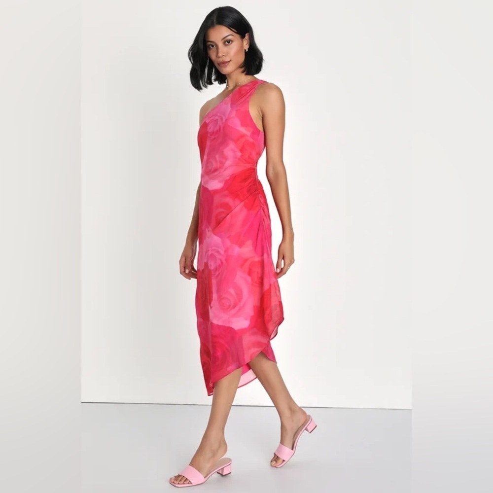 Lulus pretty Serene pink floral one shoulder asymmetrical midi dress Sz M nwot - Picture 3 of 4